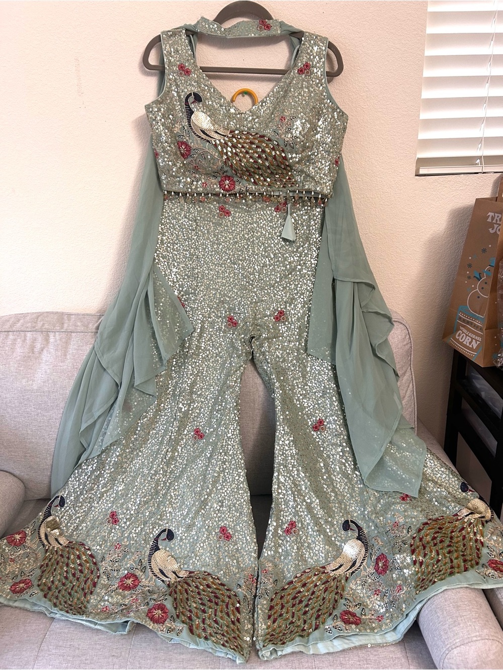 Embellished Sage Green Women's Jumpsuit with Peacock Embroidery